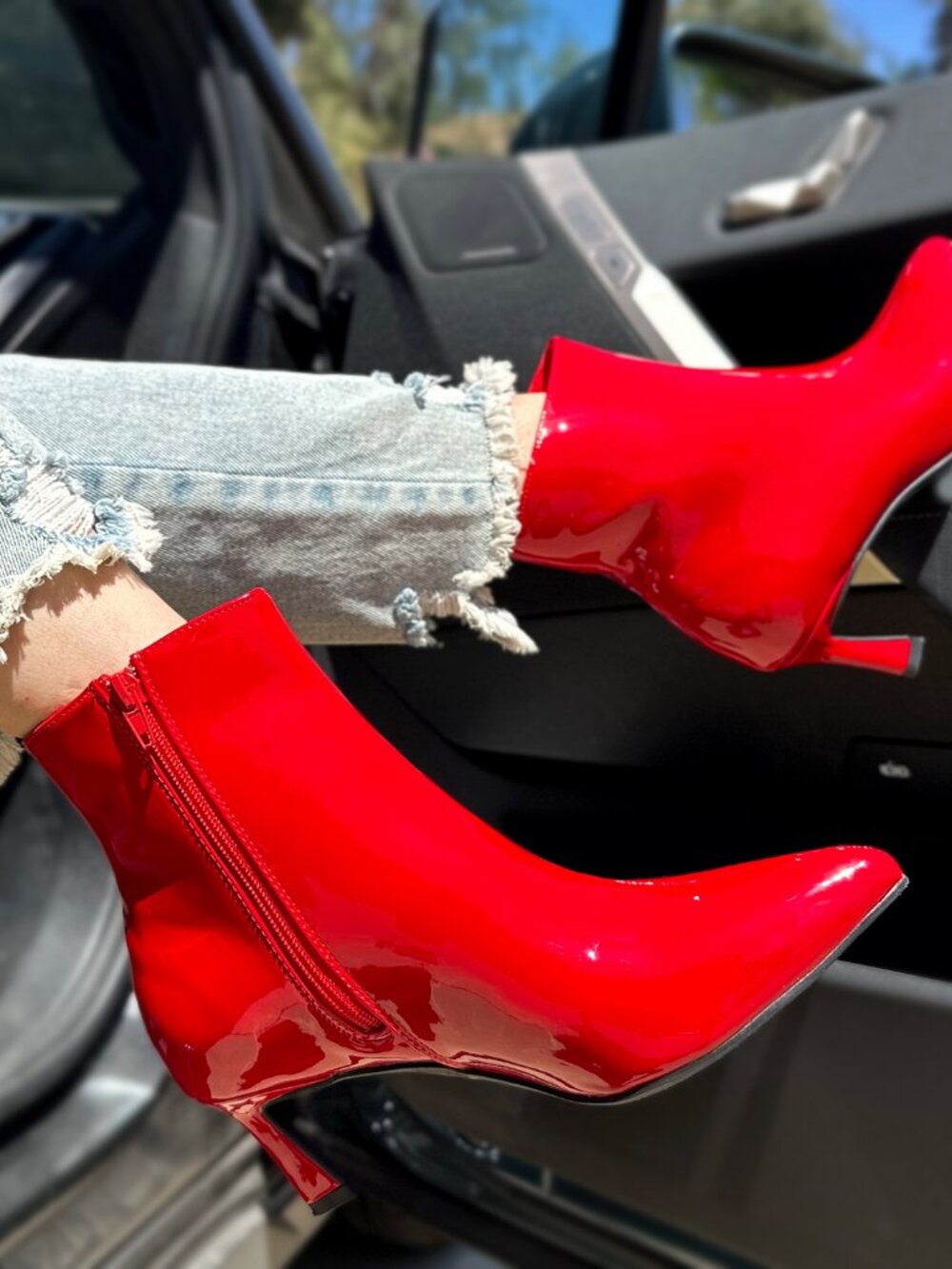 New True Red Pointed Toe Kitten Low Heel Ankle Boots Booties Faux Patent Leather - Picture 1 of 5